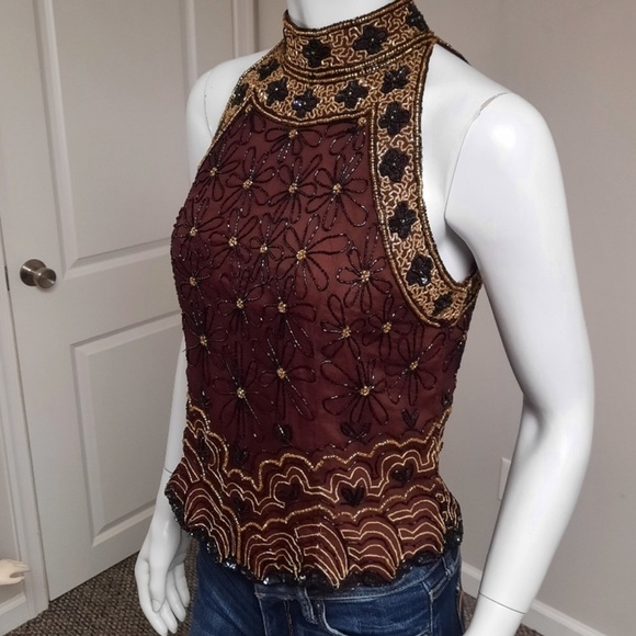 Papell Boutique Evening 100% Silk Beaded Sequin Halter Blouse Black Red size L - Picture 10 of 11